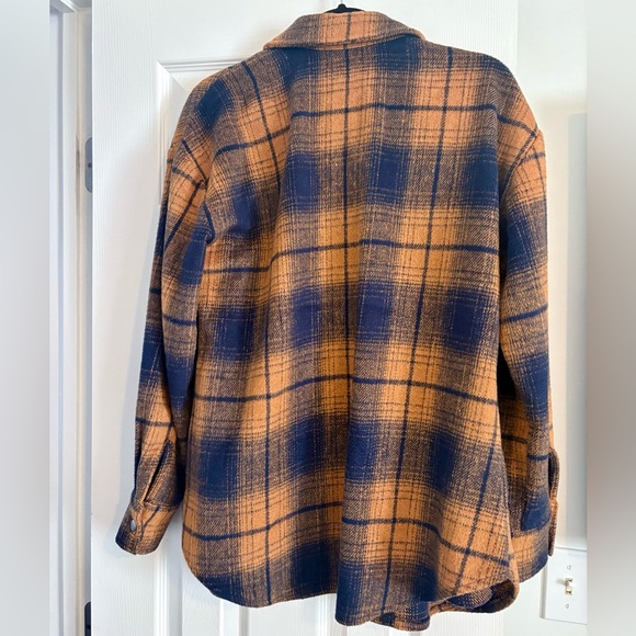 Steve Madden Sophia Shirt Jacket Shacket Sz S Orange Navy Plaid Peacoat Pockets - Picture 2 of 4